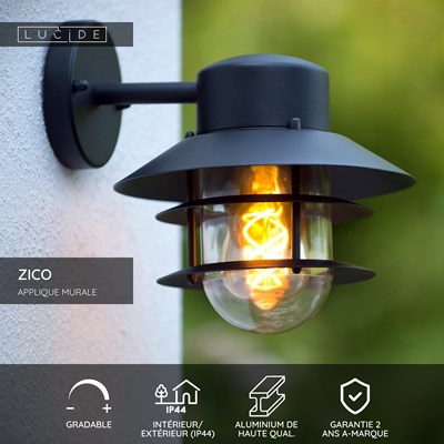 Lucide ZICO - Applique murale Intérieur/Extérieur - 1xE27 - IP44 - Noir